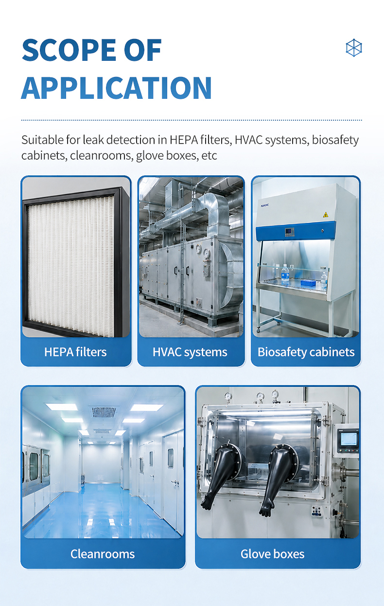 HM-AP1 portable probe held at 25 mm from a ceiling-mounted terminal HEPA filter