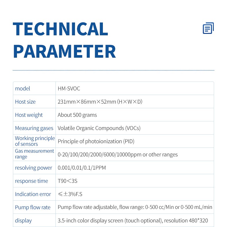 Handheld VOC detector technical specification table